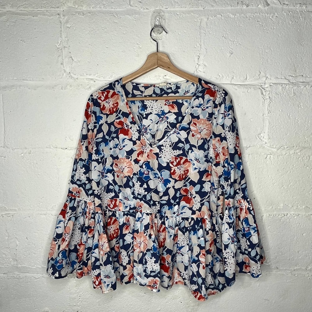 Jane and Delancey Women's Floral Bell Sleeve Peplum Blue Cotton Bouse Size Large